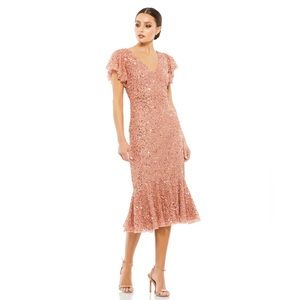 Mac‎ Duggal Sequin V Neck Flutter Cap Sleeve Trumpet Dress Rose Gold NWT